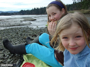 Two little girls eating lunch on a shore