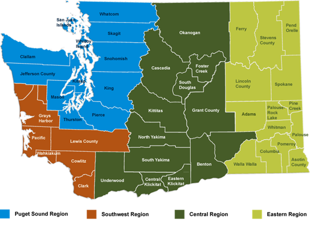 Map of Regions and Counties in Washington